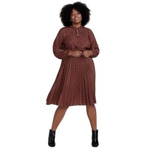 ELOQUII Elements Animal Print Tie Neck Pleated Dress. Size 18.